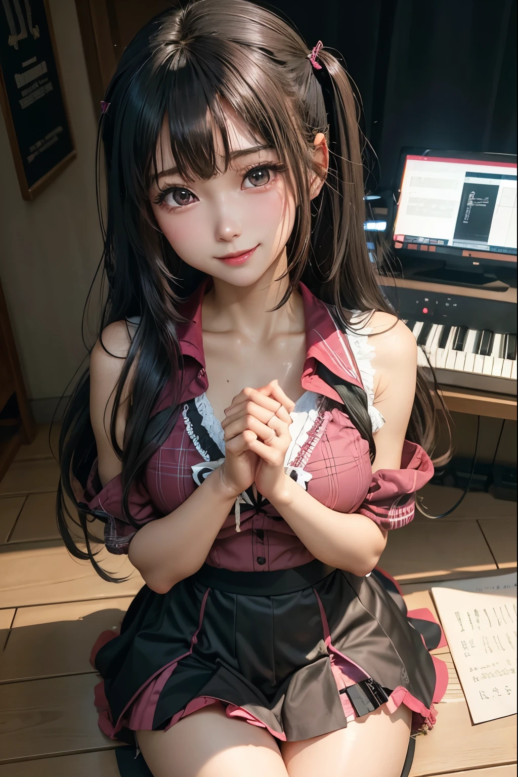 high school girlブレザー、high school girl、Red checked skirt、JK Style、Jacket、smile、garter、Knee socks、Panty stocking、Otherworldly beauty、Really cute、boredom、Extraordinary beauty、Dark black eyeshadow、sorrow、Good skin radiance、Long Hair Straight Hair、Dark Gothic Makeup、暗いsmile、Beautiful woman、Stained Glass Background、On the table、Highest quality、5 reference books、Sweat glistens on my chest、Sweat glistens on my face、Thigh sweat、sweating、Black frill East size Regular size、Dark pink hair、2、Sweat on your thighs、Sweat a lot and become sticky。、My thighs are sticky and shiny、Sweating on thighs and chest、Small breasts、Slightly slim、Sweating all over the body、Ah, I play the synthesizer.、sit and play an instrument、Thin legs、Two people、Lesbian couple、hug、私の女友達はReally cute顔をしている、My female friend has a very beautiful face.、Do lesbian play、Super straight hair、Extremely fair skin、Play the synthesizer、Sexy expression、Sitting in front of a synthesizer instrument、The expression of someone who is trying to hold back from masturbating、Panting expression、Ecstatic expression、Working with synthesizers、Playing a keyboard instrument、