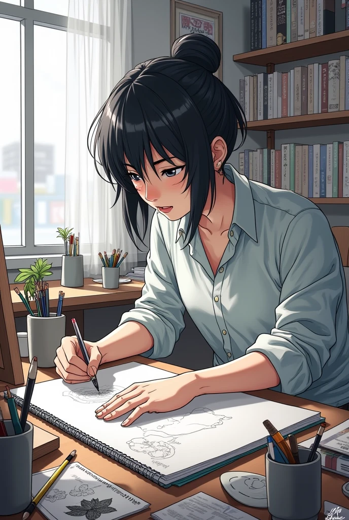 Drawing of someone drawing on a sketch stand manga artist