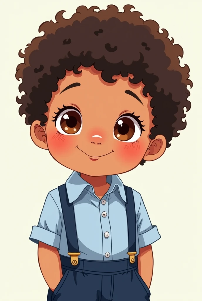 Style manga, de 2 ans, métisse, cheveux bouclés chatains fonces courts, yeux marrons, il sourit charmeur, il porte un pantalon costume bleu marine et une chemise bleue claire.