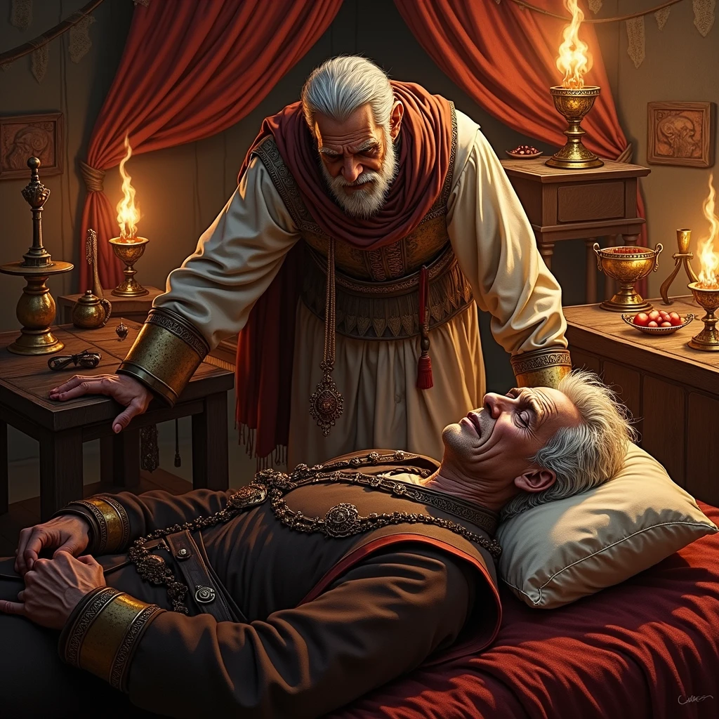 Inside Osman Ghazi’s tent, dimly lit by flickering oil lamps. Osman lies on a bed, his breathing shallow. Orhan Ghazi and a few loyal advisors are at his side.
Osman Ghazi: (weakly, with effort) My son, the time has come for you to lead our people. Our enemies are many, but our unity is our strength.
Orhan Ghazi: (kneeling, holding his father’s hand) Father, your legacy will not be forgotten. I will protect our people and expand the lands you fought so hard to secure.
Osman Ghazi: (with a faint smile) Lead with justice, Orhan. Let the sword serve only when words fail... (his hand goes limp, and he passes away)
Orhan Ghazi: (with determination, rising slowly) I will honor you, Father. Your dream will live on.