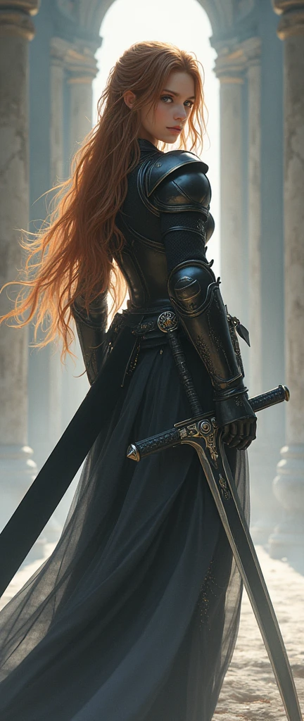 Final Fantasy Game Theme. Image of a girl with bronze hair, standing with her favorite sword in her hands., in light armor of black and white colors, pastel shades, and dramatic tones. A masterpiece in the highest resolution , Image type semi-realistic