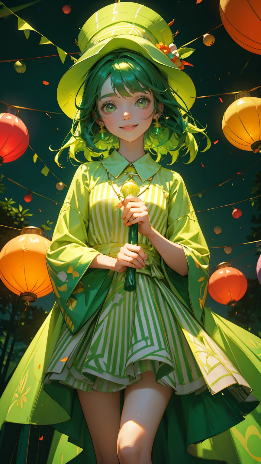 green color A beautiful, cute girl with big expressive eyes and a joyful smile, wearing a colorful party dress and a festive cone hat, standing in a lively forest party scene. She is surrounded by tall, glowing green candlestick charts that resemble candles with flickering flames. The background is filled with lush, vibrant green trees and plants, with various shades of green enhanced to create a vivid atmosphere. Confetti is falling from the sky, and colorful paper lanterns float above, adding to the festive mood. The setting is filled with small, cheerful touches like a striped carnival tent, balloons, and bright lights, creating a whimsical and enchanting celebration
