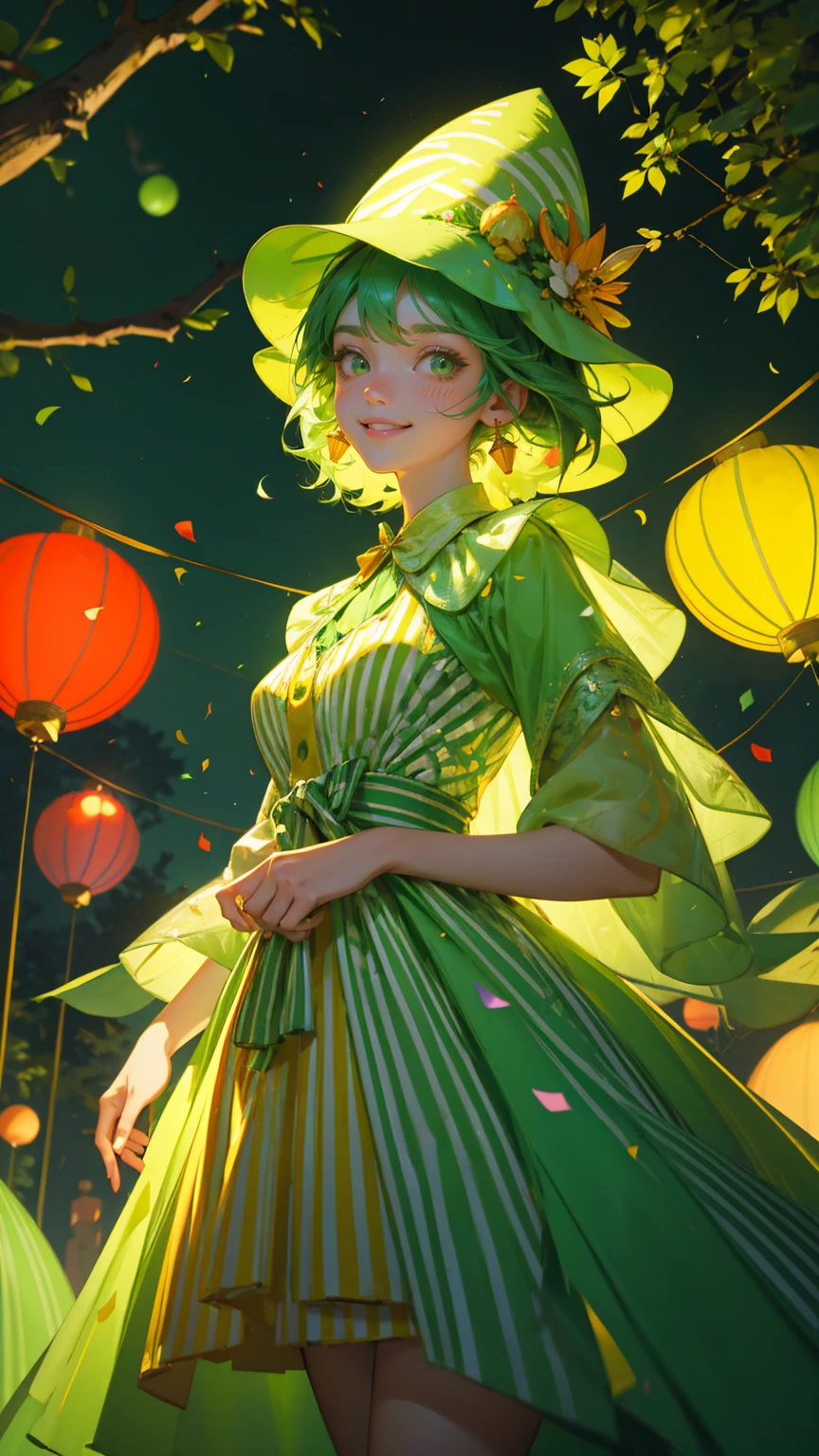 green color A beautiful, cute girl with big expressive eyes and a joyful smile, wearing a colorful party dress and a festive cone hat, standing in a lively forest party scene. She is surrounded by tall, glowing green candlestick charts that resemble candles with flickering flames. The background is filled with lush, vibrant green trees and plants, with various shades of green enhanced to create a vivid atmosphere. Confetti is falling from the sky, and colorful paper lanterns float above, adding to the festive mood. The setting is filled with small, cheerful touches like a striped carnival tent, balloons, and bright lights, creating a whimsical and enchanting celebration