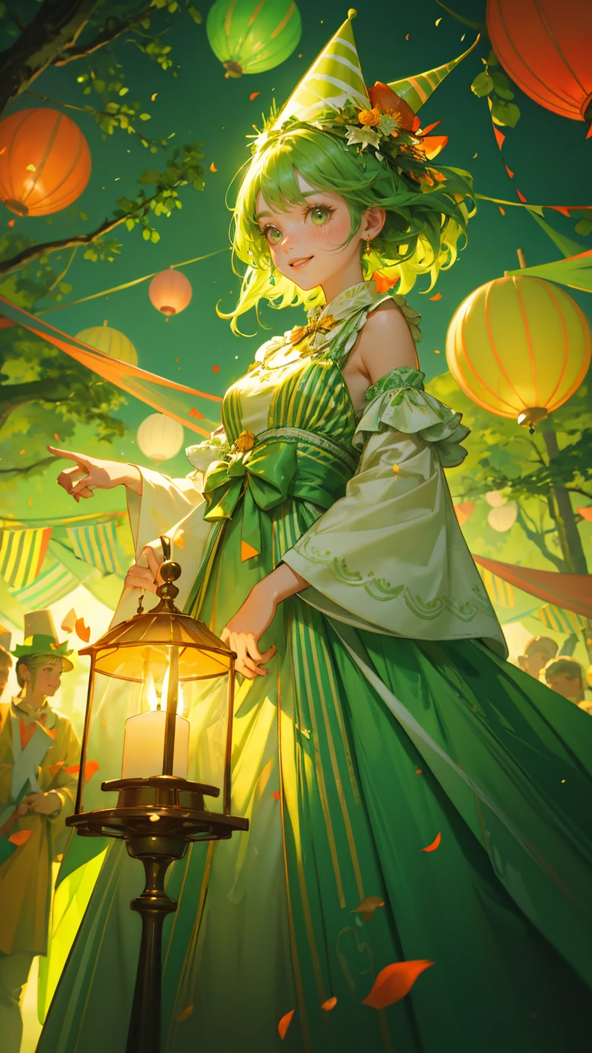 green color A beautiful, cute girl with big expressive eyes and a joyful smile, wearing a colorful party dress and a festive cone hat, standing in a lively forest party scene. She is surrounded by tall, glowing green candlestick charts that resemble candles with flickering flames. The background is filled with lush, vibrant green trees and plants, with various shades of green enhanced to create a vivid atmosphere. Confetti is falling from the sky, and colorful paper lanterns float above, adding to the festive mood. The setting is filled with small, cheerful touches like a striped carnival tent, balloons, and bright lights, creating a whimsical and enchanting celebration
