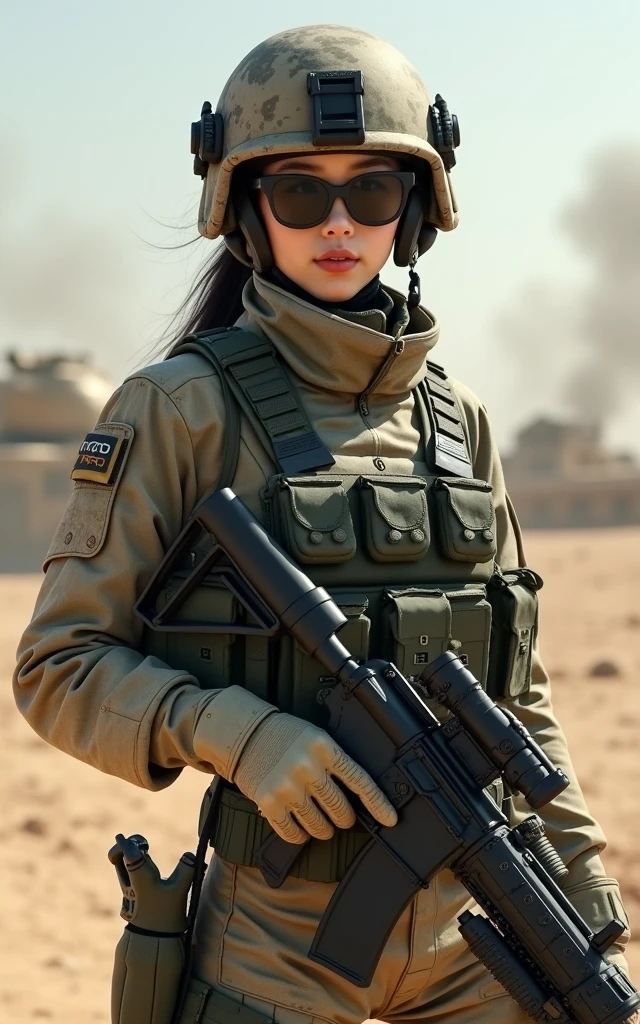 Ultra-high resolution，High-resolution details，Wearing Army Camouflage，Super sexy Korean tank soldier，Advanced wearing military black vest，Wearing a military helmet and sunglasses，Advanced and complete equipment，fully armed（1 Korean female soldier，Super beautiful，Super fair skin，Super white face）full-body shot，panoramic，Wide-angle lens，Sand and dust flying，Smoke of war，airplane