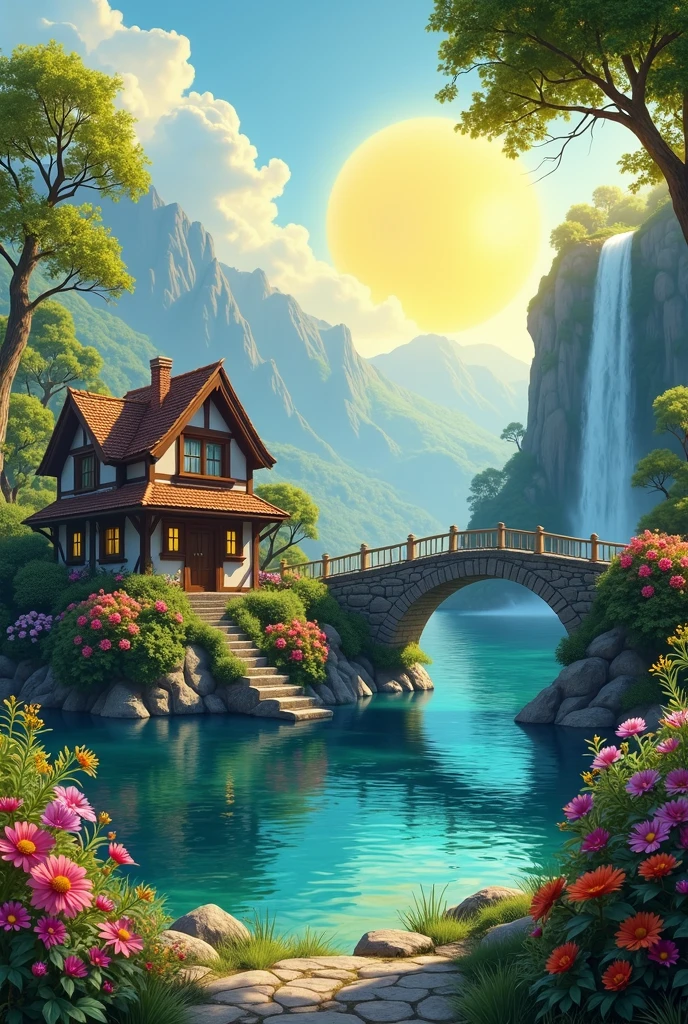 



         Create a realistic image with full resolution 8k cinematic quality of a serene landscape. In the foreground, a cozy rustic house with wooden walls and a tiled roof is surrounded by lush greenery and vibrant blooming vegetation. The house is situated near a stone bridge that crosses a tranquil lake, whose waters reflect the blue sky and the beautiful yellow sun shining brightly in the background. Beside the lake, a crystal-clear waterfall gently cascades down the rocks, with colorful flowers growing along its edges, adding a touch of natural beauty. The sunlight casts a golden glow over the scene, highlighting the rich floral details and creating a peaceful and idyllic atmosphere.