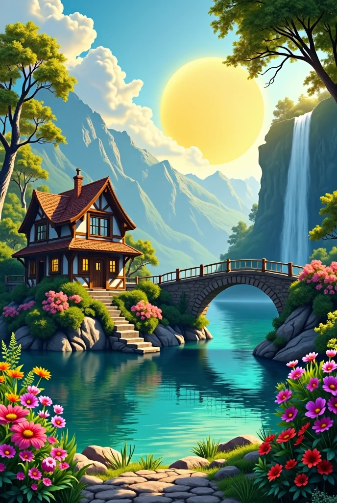 



         Create a realistic image with full resolution 8k cinematic quality of a serene landscape. In the foreground, a cozy rustic house with wooden walls and a tiled roof is surrounded by lush greenery and vibrant blooming vegetation. The house is situated near a stone bridge that crosses a tranquil lake, whose waters reflect the blue sky and the beautiful yellow sun shining brightly in the background. Beside the lake, a crystal-clear waterfall gently cascades down the rocks, with colorful flowers growing along its edges, adding a touch of natural beauty. The sunlight casts a golden glow over the scene, highlighting the rich floral details and creating a peaceful and idyllic atmosphere.