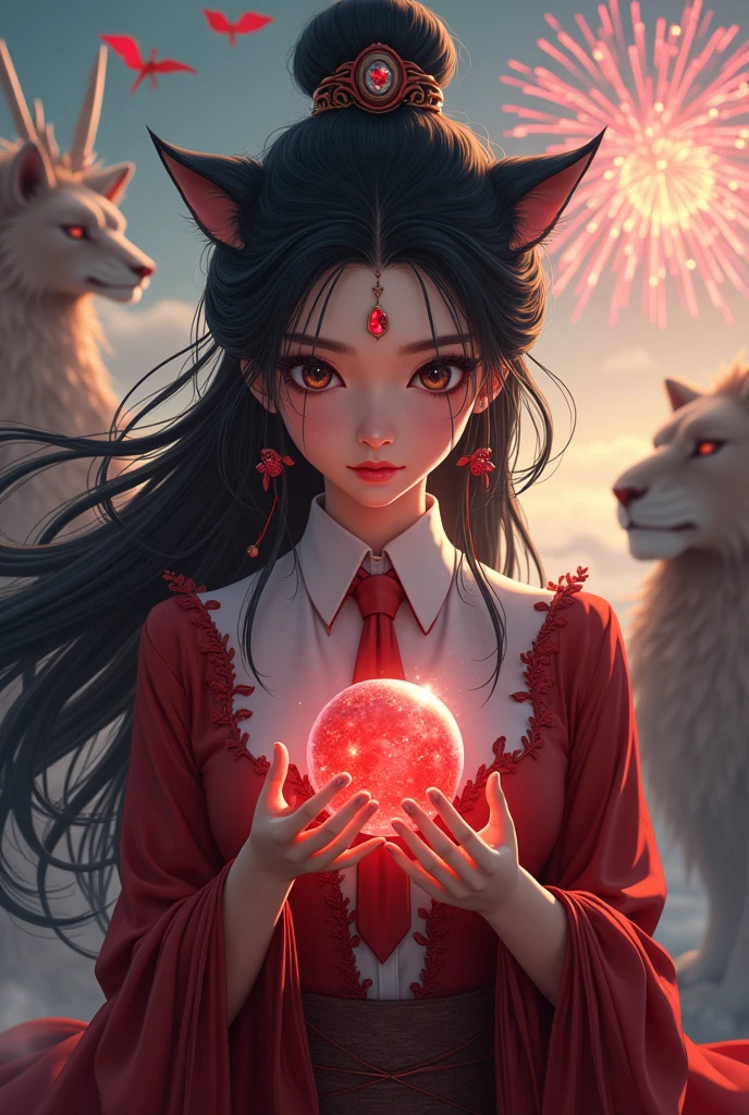 Asian Witch,black hair,Red body,Lion ears,Long slender fingers,straight face,peephole,White collared shirt,Red and white tie,Fireworks ,Holding a marble,A red fairy flies behind.,There is a griffin,There is a lion.,Magic Castle