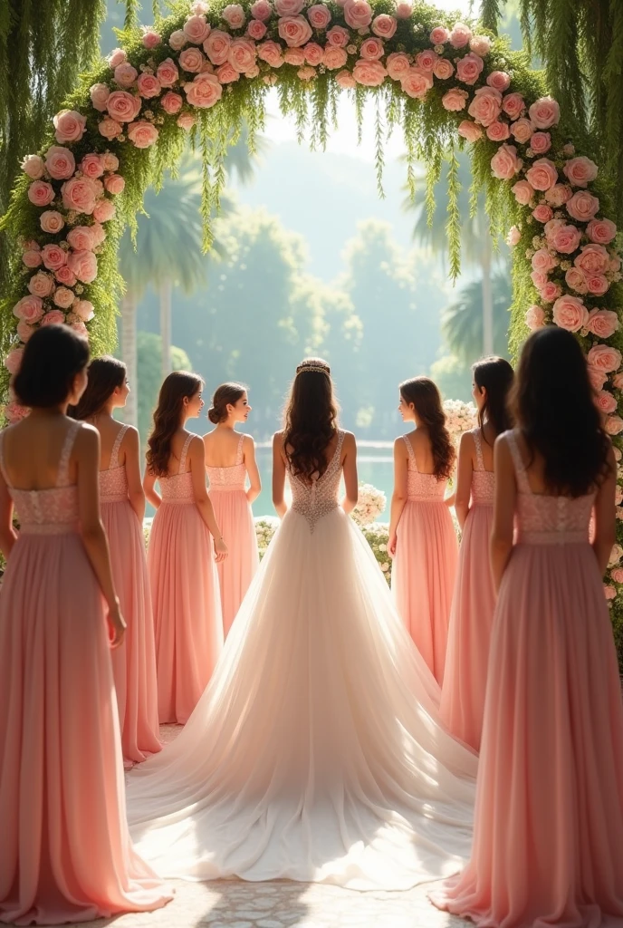 masterpiece, Best quality, 8 K, Photographic reality, wedding, a place decorated with all kinds of flowers and plants, incredibly beautiful and fabulous place, a woman in an elegant white dress and around her her friends dressed in pink dresses