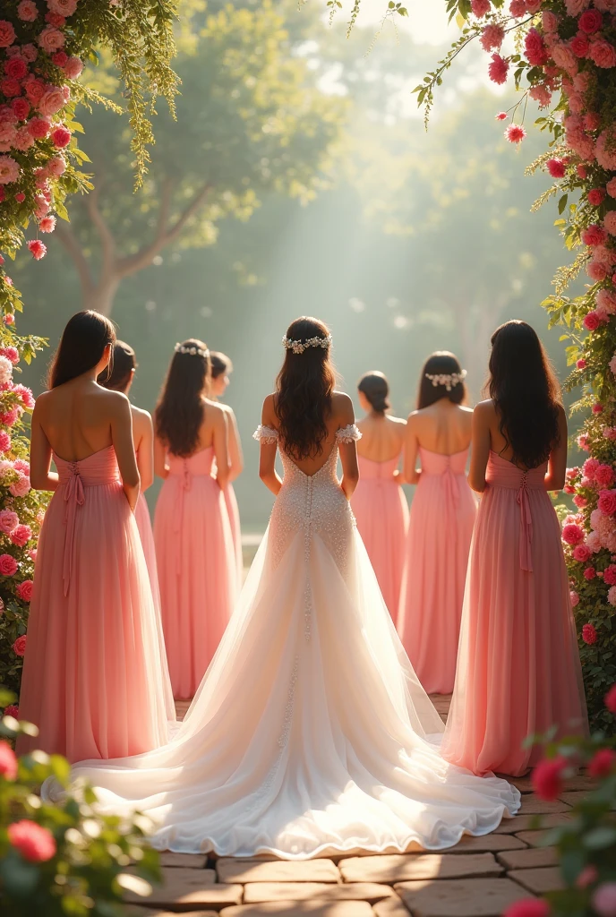 masterpiece, Best quality, 8 K, Photographic reality, wedding, a place decorated with all kinds of flowers and plants, incredibly beautiful and fabulous place, a woman in an elegant white dress and around her her friends dressed in pink dresses