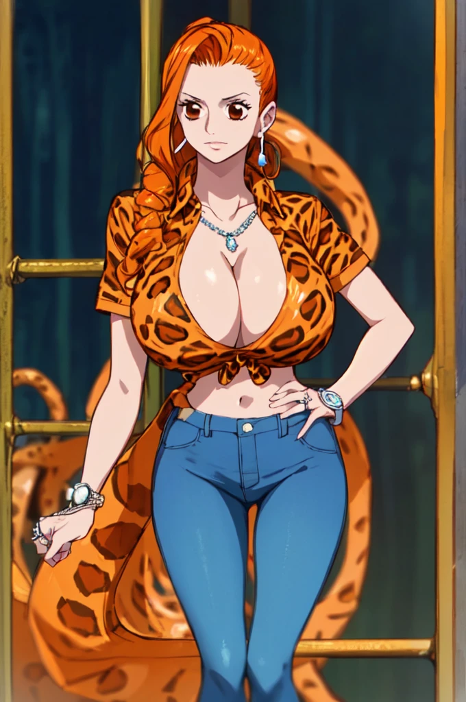 Nami,One piece,slicked high Top knot bun hairstyle,Big breast,vertical earring,((Thin orange leopard print tight short sleeve shirt with cleavage)),open navel,Lowrise blue jeans ,((diamond Wedding ring)),Orange hair,short pixie hair,Absalom wife,Necklace,Hoop bracelet,((Long nai)),Wide hips,gaze in viewer,Fullbody view,Solo,half eyes expression,Spouty lips,Mature,needy gesture,glossy light Tanned skin,light blush,soft expression,Skindentation,Mature,Lipstic,eyeshadow,1hand in hip,Jewelry rings,Fully tied hair