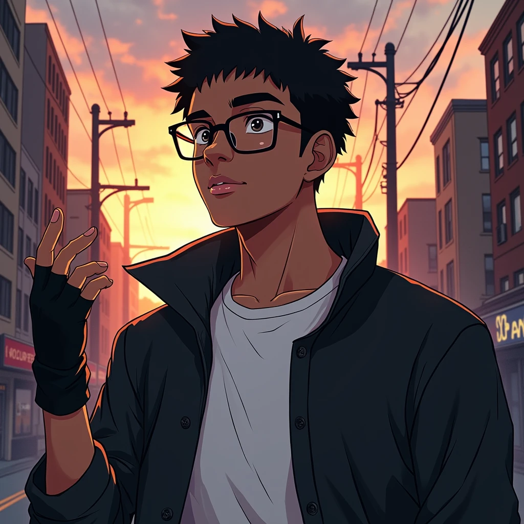 (foco frontal),Anime - style illustration of a man with a black jacket, white t-shirt and wearing glasses, low cut hair, single color background, "(best quality,ultra-detalhado),detailed right hand,(Luva sem dedos,Gloved hands), | | |, personagem de anime masculino, Fundo da cidade, Sunset gradient background, Corte de cabelo afro curto, Homem negro, Jovem afro-americano