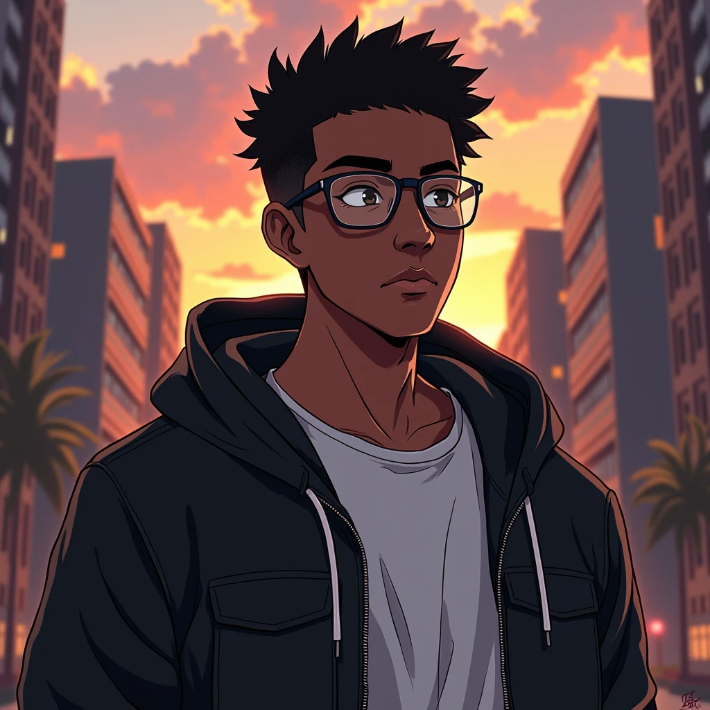 (foco frontal),Anime - style illustration of a man with a black jacket, white t-shirt and wearing glasses, low cut hair, single color background, "(best quality,ultra-detalhado),detailed right hand,(Luva sem dedos,Gloved hands), | | |, personagem de anime masculino, Fundo da cidade, Sunset gradient background, Corte de cabelo afro curto, Homem , Jovem afro-americano
