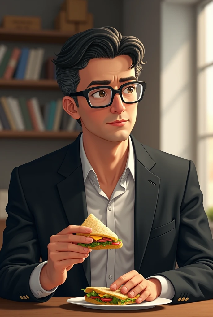 Un grand homme de 35 ans, cheveux noirs et courts avec des petites lunettes carrées, et qui mange des sandwichs triangle