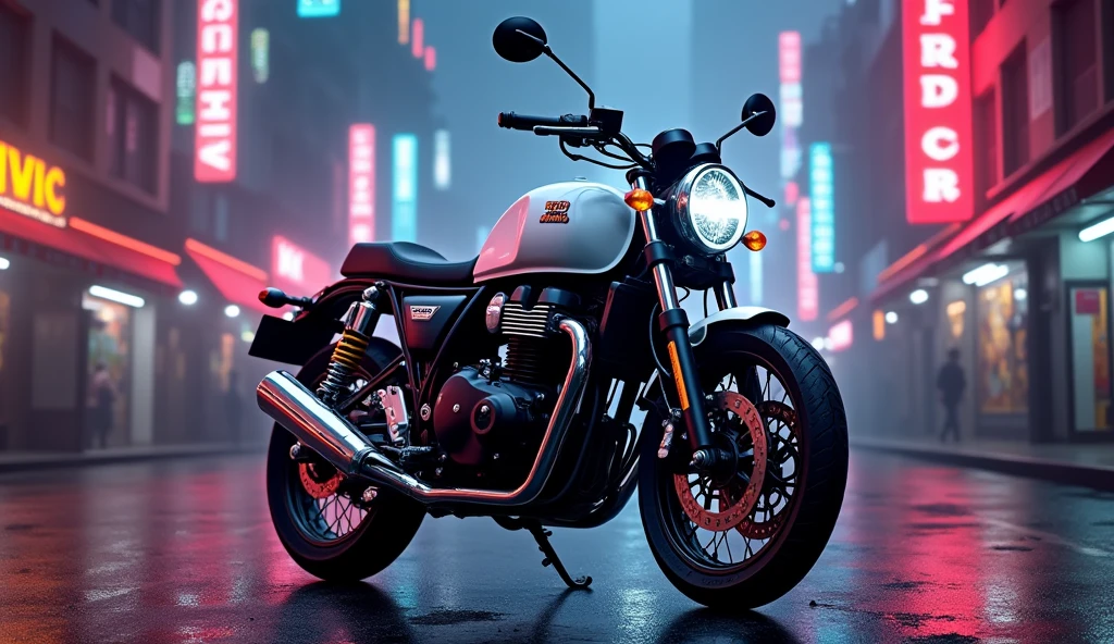 Royal Enfield white coloured Gt 650 in dark city with neon light with no mirrors
with full body full hd 8k