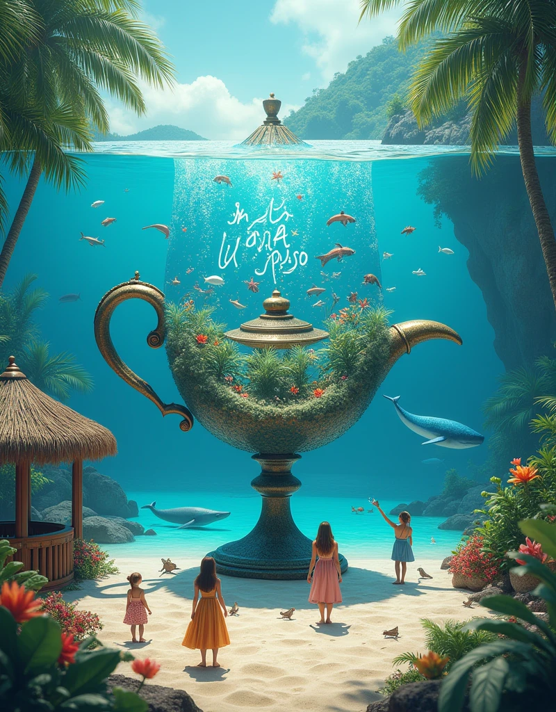The primary focus of the image should be the texts 'Nova Viçosa' and 'Gaetano Art.' The text 'Nova Viçosa' should be large and visible, composed of aquatic life, standing out in the underwater environment. The text 'Gaetano Art' should be prominently integrated into the tropical landscape, clearly visible on the beach and blending harmoniously with the surroundings. The scene includes a magical, transparent Genie's lamp that pours not tea, but swirling mystical energy into a genie's cup, which represents the micro-world inside. The infinite edge of the cup creates a seamless connection between the micro-world and the larger macro world. The tropical beach scene remains prominent, featuring a small chalet, soft sand beaches, and vibrant tropical plants. Sea creatures, including a whale, interact with this magical environment, enhancing the balance between the marine and tropical elements. Small tropical birds add life and vibrancy to the scene, while tiny human figures—beautiful women and children—interact joyfully with both the land and sea. The lamp reveals a transparent view into a mystical micro-world that mirrors the tropical and marine environments outside. Ultra-high detail, realistic texture, and a harmonious flow between the worlds evoke an infinite, artistic vision.