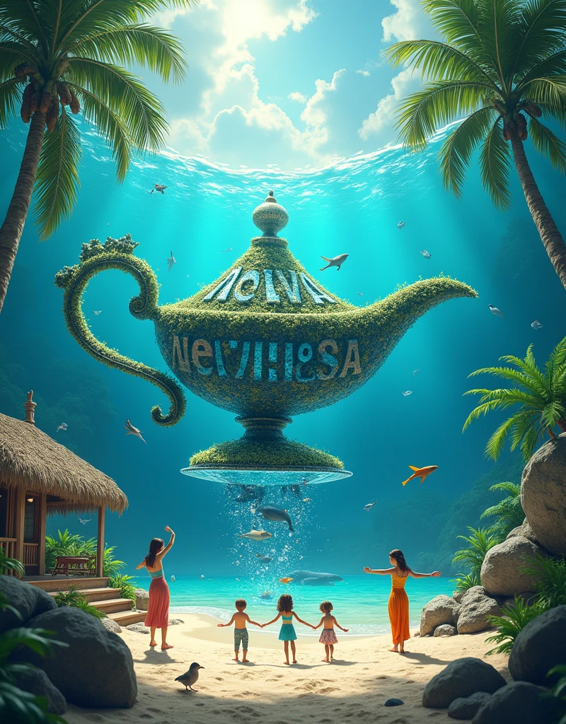 The primary focus of the image should be the texts 'Nova Viçosa' and 'Gaetano Art.' The text 'Nova Viçosa' should be large and visible, composed of aquatic life, standing out in the underwater environment. The text 'Gaetano Art' should be prominently integrated into the tropical landscape, clearly visible on the beach and blending harmoniously with the surroundings. The scene includes a magical, transparent Genie's lamp that pours not tea, but swirling mystical energy into a genie's cup, which represents the micro-world inside. The infinite edge of the cup creates a seamless connection between the micro-world and the larger macro world. The tropical beach scene remains prominent, featuring a small chalet, soft sand beaches, and vibrant tropical plants. Sea creatures, including a whale, interact with this magical environment, enhancing the balance between the marine and tropical elements. Small tropical birds add life and vibrancy to the scene, while tiny human figures—beautiful women and children—interact joyfully with both the land and sea. The lamp reveals a transparent view into a mystical micro-world that mirrors the tropical and marine environments outside. Ultra-high detail, realistic texture, and a harmonious flow between the worlds evoke an infinite, artistic vision.