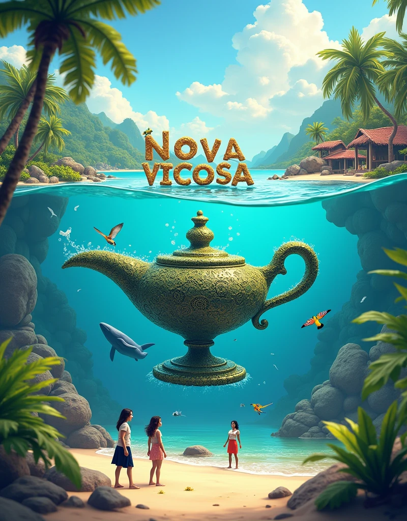The primary focus of the image should be the texts 'Nova Viçosa' and 'Gaetano Art.' The text 'Nova Viçosa' should be large and visible, composed of aquatic life, standing out in the underwater environment. The text 'Gaetano Art' should be prominently integrated into the tropical landscape, clearly visible on the beach and blending harmoniously with the surroundings. The scene includes a magical, transparent Genie's lamp that pours not tea, but swirling mystical energy into a genie's cup, which represents the micro-world inside. The infinite edge of the cup creates a seamless connection between the micro-world and the larger macro world. The tropical beach scene remains prominent, featuring a small chalet, soft sand beaches, and vibrant tropical plants. Sea creatures, including a whale, interact with this magical environment, enhancing the balance between the marine and tropical elements. Small tropical birds add life and vibrancy to the scene, while tiny human figures—beautiful women and children—interact joyfully with both the land and sea. The lamp reveals a transparent view into a mystical micro-world that mirrors the tropical and marine environments outside. Ultra-high detail, realistic texture, and a harmonious flow between the worlds evoke an infinite, artistic vision.