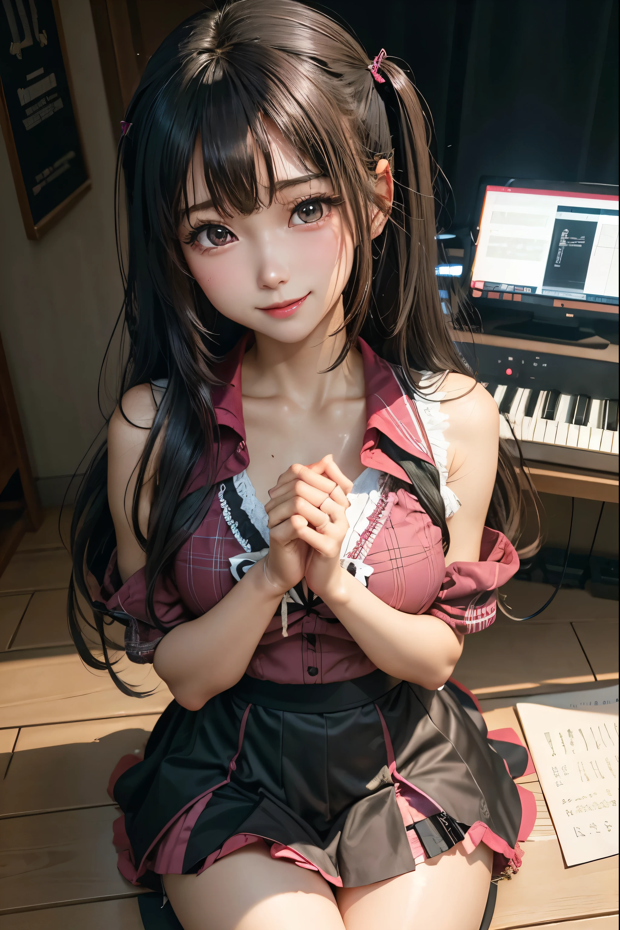 high school girlブレザー、high school girl、Red checked skirt、JK Style、Jacket、smile、garter、Knee socks、Panty stocking、Otherworldly beauty、Really cute、boredom、Extraordinary beauty、Dark black eyeshadow、sorrow、Good skin radiance、Long Hair Straight Hair、Dark Gothic Makeup、Dark smile、Beautiful woman、Stained Glass Background、On the table、Highest quality、5 reference books、Sweat glistens on my chest、Sweat glistens on my face、Thigh sweat、sweating、Black frill East size Regular size、Dark pink hair、2、Sweat on your thighs、Sweat a lot and become sticky。、My thighs are sticky and shiny、Sweating on thighs and chest、Small breasts、Slightly slim、Sweating all over the body、ah, I play the synthesizer.、sit and play an instrument、Thin legs、Two people、Lesbian couple、hug、My girlfriend has a really cute face、My female friend has a very beautiful face.、Do lesbian play、Super straight hair、Extremely fair skin、Play the synthesizer、Sexy expression、Sitting in front of a synthesizer instrument、The expression of someone who is trying to hold back from masturbating、Panting expression、Ecstatic expression、Working with synthesizers、Playing a keyboard instrument、