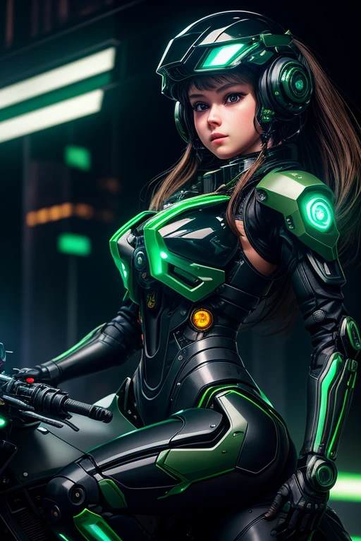 Best image quality, Excellent details, Ultra-high resolution, (realism: 1.4), Best illustrations, Favorite Details, Very condensed one girl, Delicate and beautiful features, Wearing a black and green mech, Wearing a mecha helmet, Hold the directional controller, Riding on motorcycle, The background is a futuristic city high tech lighting scene.