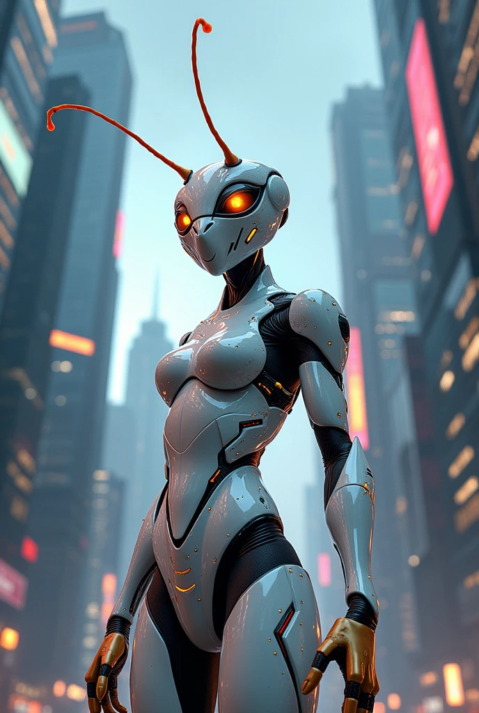 fire ant in white glossy cyborpunk costume standing between sky scrapers