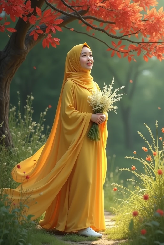 An adult girl wearing a hijab yellow shawl churvy wears a long yellow dress like flowing water made of chiffon, wears white shoes, is in a place where lots of weeds grow, the flowers are white, and there is a tree whose fallen leaves are red. . smiling while holding white flowering wild grass.