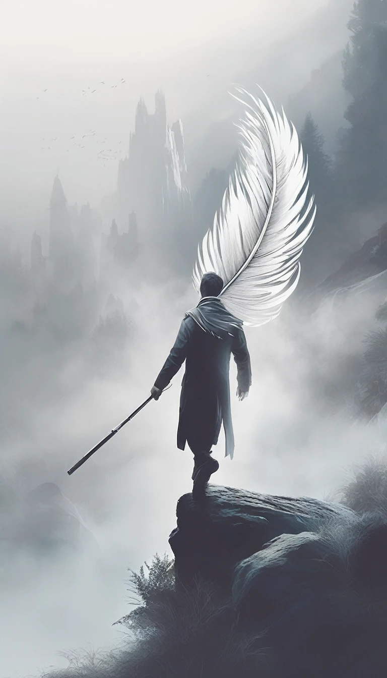 Create a minimal, modern, simple, inspirational, memorable, dream like logo design of a white fantasy feather coming out of the heand of a boy dreamer for a fantastic, cinematic brand about fantasy storytelling and cinematic, poetic imagination called“Penamemoria". The logo must convey a sense of mysterious, fantasy, true, captivating, cinematic storytelling and should include a white fantastic creative cinematic feather, a boy and an acoustic guitar. Should convey a sense of adventure and storytelling.