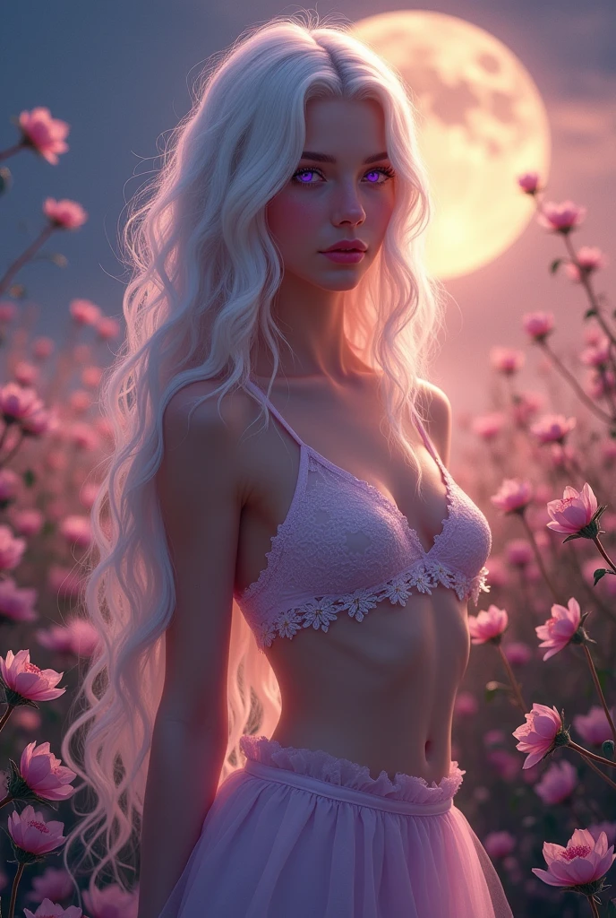 realistic, 1girl, white hair, purple eyes, glowing eyes, crop top, skirt, parted lips, blush, night, flowers, sun, sunlight, no dress no bra