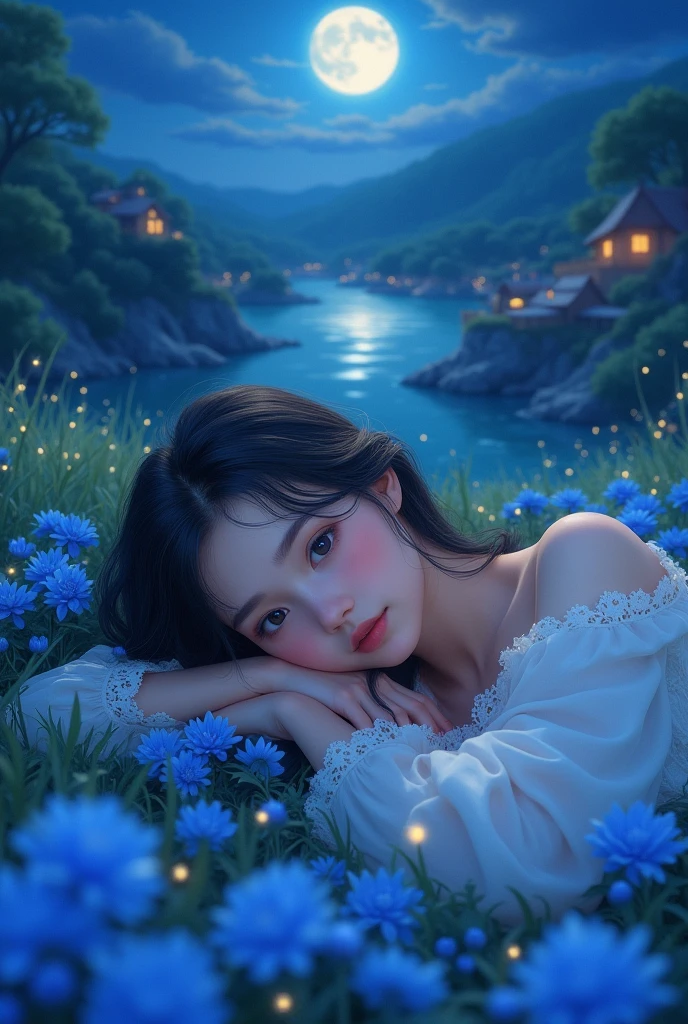 A beautiful girl live in a beautiful valley near village. It's look so beautiful and her eyes is so mesmerising that attract anyone. Her looks so attractive. Her near the blue soft  moonlight  , blue flowers with lots of 
 fireflies. Sleeping  in the flower with open eyes