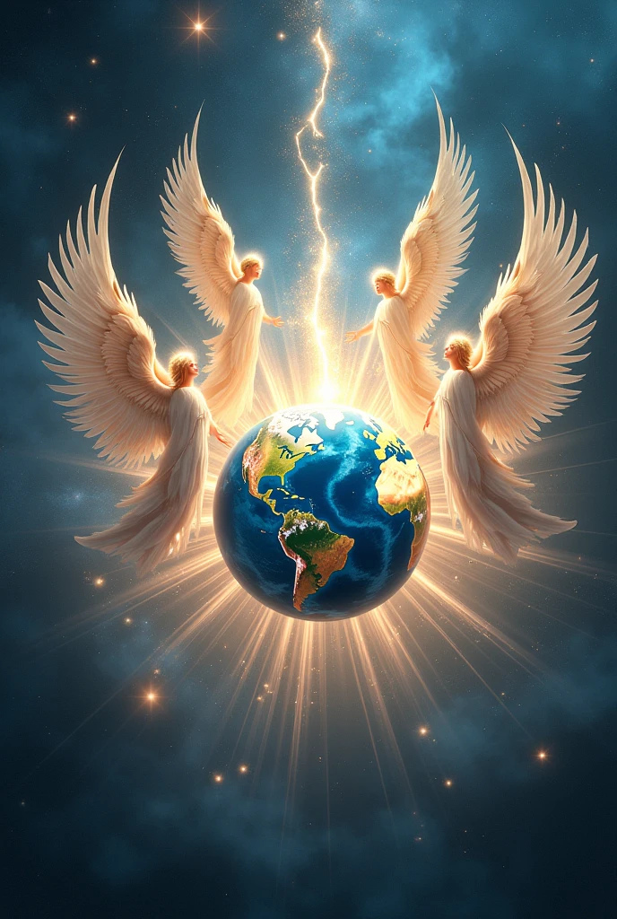 Cosmos, archangels stand around planet earth, send light to the earth