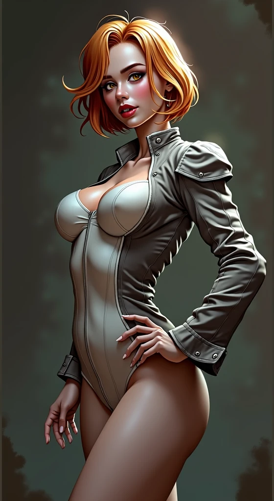 (masterpiece:1.1), (highest quality:1.1), fullbody, short hair, good anatomy, hair bun,, (1girl:1.2), (detailed face and eyes:1.25), solo, orange hair, brown hair, brown eyes, (huge breasts:1.3), ((white skintight bodysuit:1.2), cleavage:1.2), blush, looking at viewer, mature female, sidelocks, tachibana kyouka,, zaum, elysiumchar, oil painting,