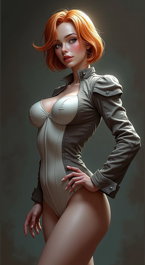 (masterpiece:1.1), (highest quality:1.1), fullbody, short hair, good anatomy, hair bun,, (1girl:1.2), (detailed face and eyes:1.25), solo, orange hair, brown hair, brown eyes, (huge breasts:1.3), ((white skintight bodysuit:1.2), cleavage:1.2), blush, looking at viewer, mature female, sidelocks, tachibana kyouka,, zaum, elysiumchar, oil painting,