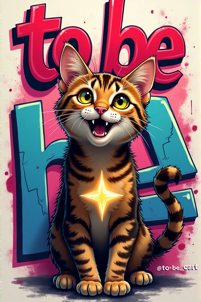 A tabby cat with lively eyes and a playful expression, surrounded by typical graffiti style elements such as bottle letters, spray flecks and angular lines. The word "to be" in large red letters it seems to have been painted on the wall with a brush. In the center of the cat, a small golden star that seems to shine under the light. Below the logo, the Instagram account @to be_cat written in solid white letters.]
