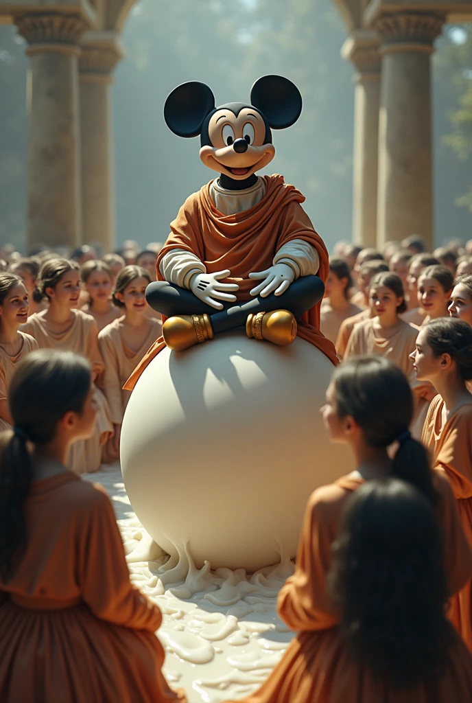 A photo of Marcus Aurelius sitting on Mickey Mouse&#39;s belly while giving a talk to a crowd of milk-filled girls.