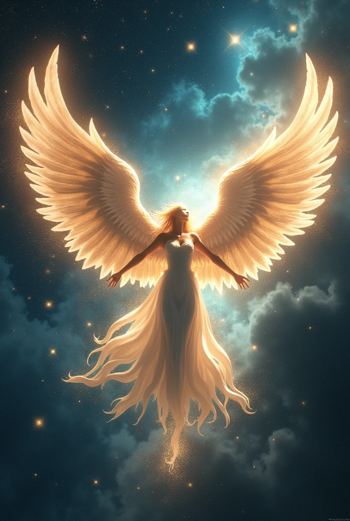  A majestic, winged deity soaring through the celestial expanse, leaving a trail of glittering stardust and ethereal glory in their wake. Their wings beat in rhythm with the pulse of the cosmos, as they carry the whispers of the universe to the farthest reaches of existence. With each stroke, they weave a tapestry of light and sound, echoing the harmony of the spheres.

