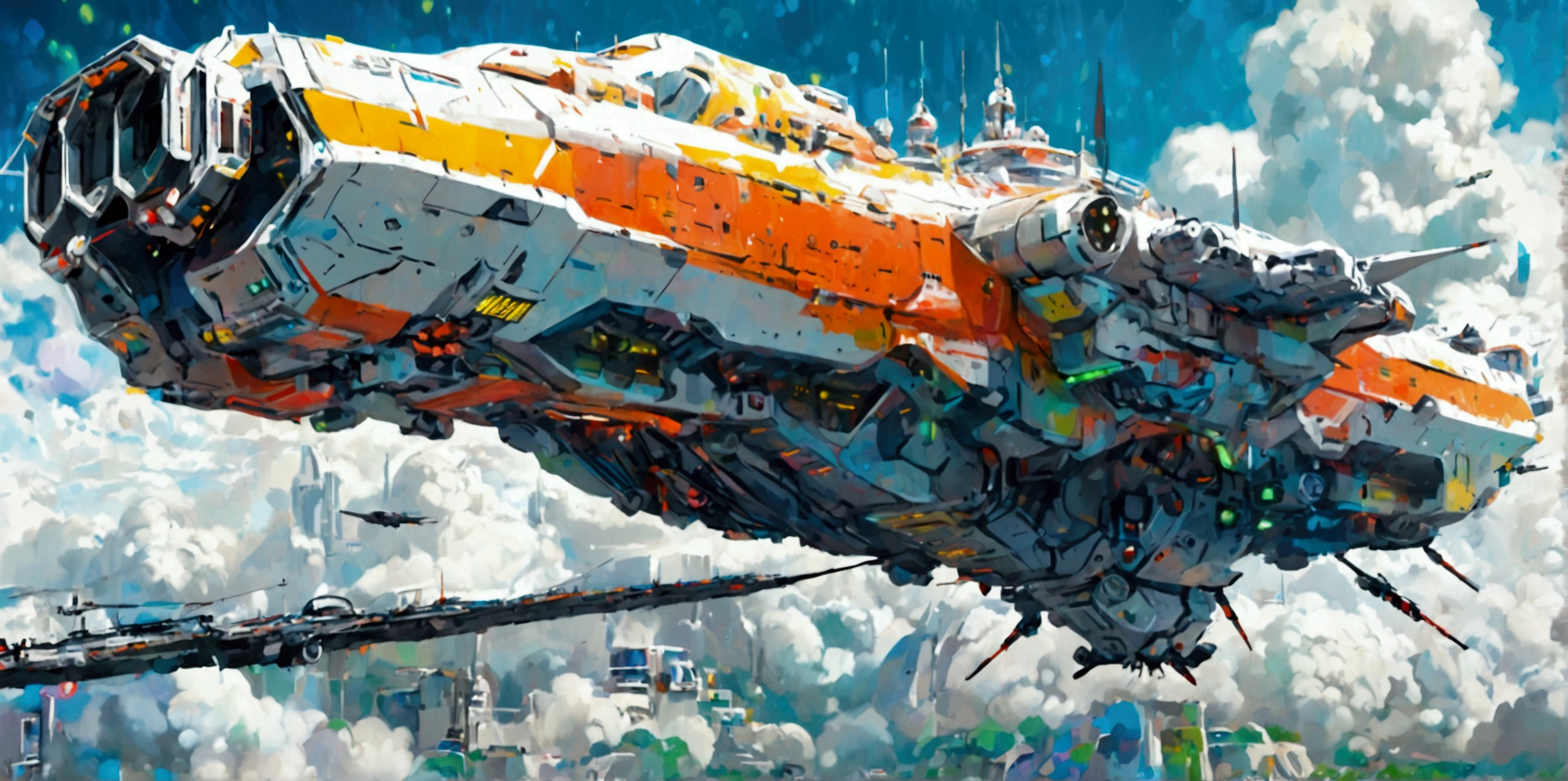 A long wide giant heavily armored divine futuristic flying all terrain biomechanical space battleship covered in rainbow batik pattern and glowing javanese runic symbols, (multiple retractable cybernetic spider legs with wheels on the tips), divine halo, flying hovercraft, flying submarine, flying aircraft carrier, flying hotel, flying resort, flying city, flying skyscraper, flying cruise ship, flying yacht, flying castle, flying military base, multiple thrusters, multiple helipad, multiple propeller, mobile headquarters, mobile command center, automatic turrets, missile banks, missile defense system, multi-port rear engine arrays, large pivoted missile pods, anti-air batteries, reactive armour over vital spaces, VTOL thrusters, ventral ground-facing VTOL thruster bays, retractable center cannon, super carrier, sky carrier, space station, floating city, floating castle, white background