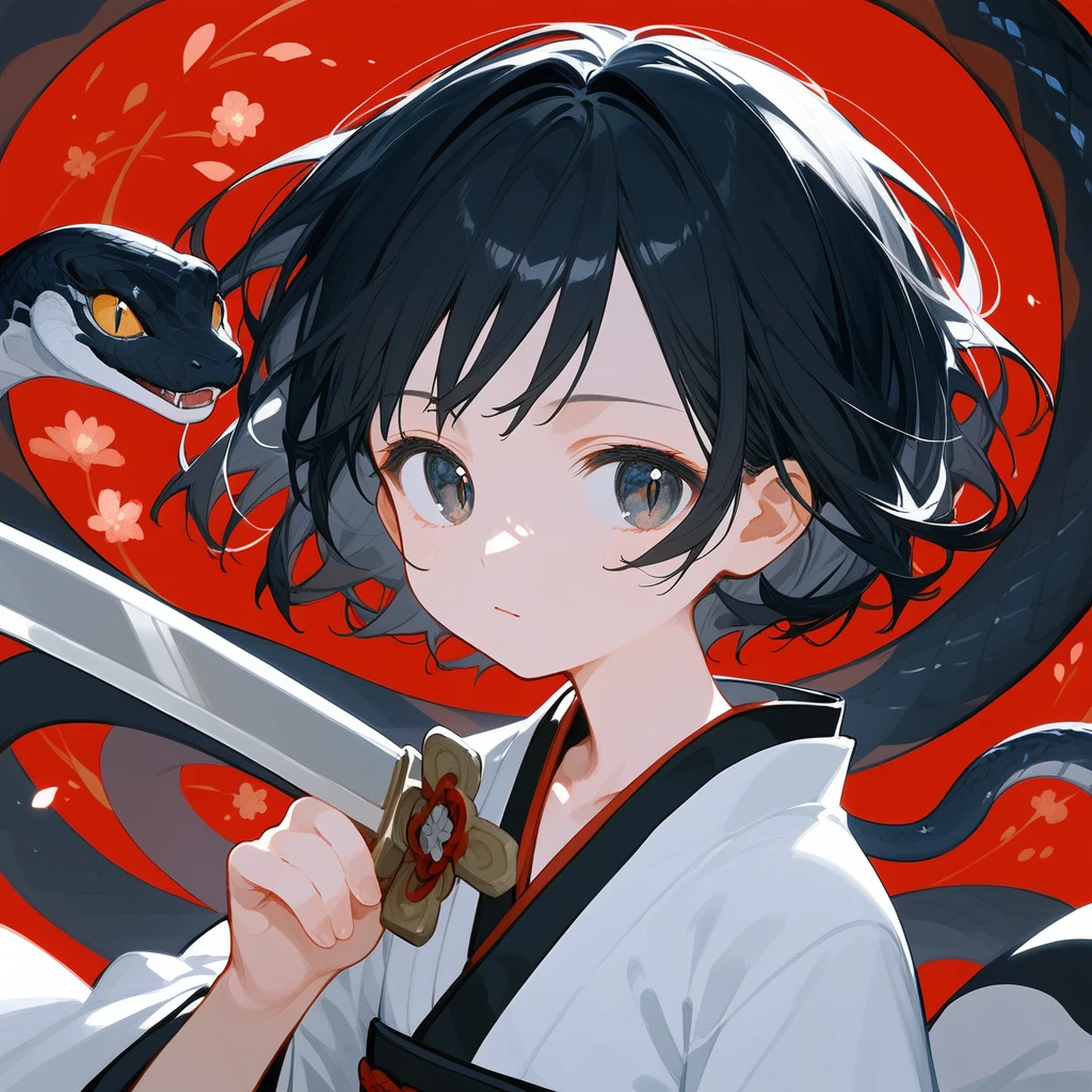 1 girl, Black Hair, iris, kimono, beautiful_face, Black snake motif, 蛇の鱗模様のkimono, Solo Illustration, short hair, 黒いkimono, Holding a sword, Upper Body, Close ~ eyes, 笑face, Flat Chest