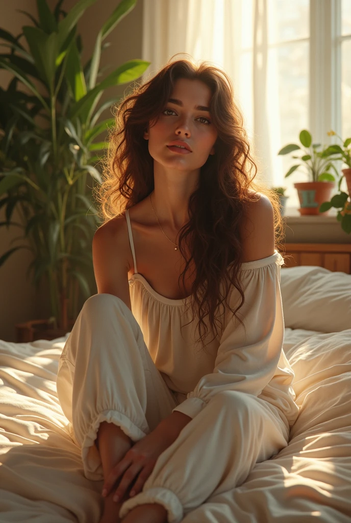 (photorealism:1.2), beautiful woman, sitting on bed, wearing loose off-shoulder top, pajama pants, long curly hair, indoors, soft lighting, plants in background, window with sunlight, cozy room, relaxed pose, realistic, intricate details, warm colors, by Greg Rutkowski, by Alphonse Mucha