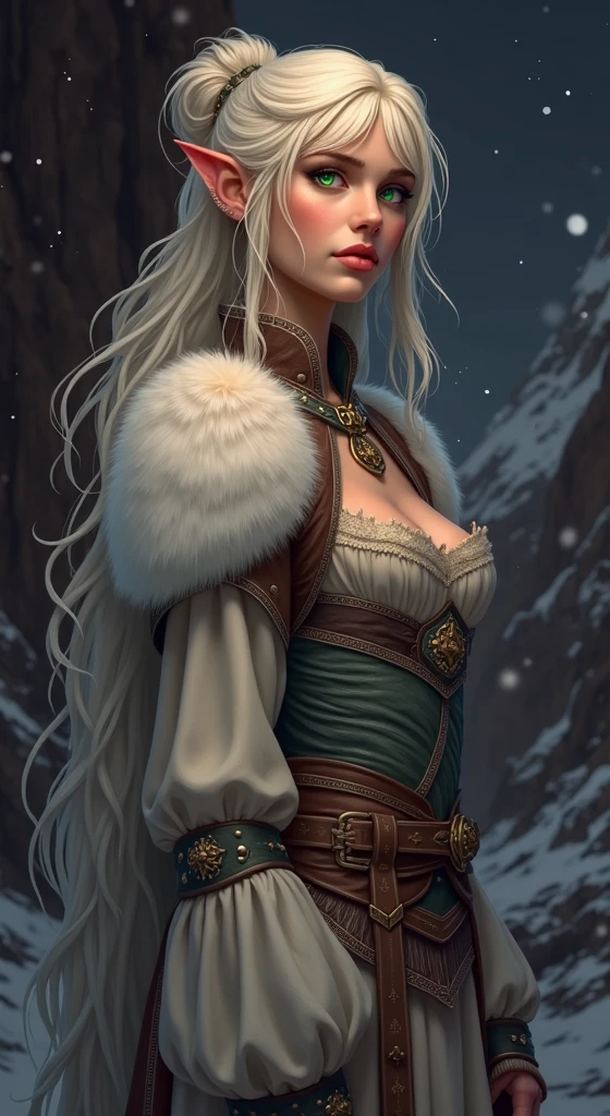 vintage style fantasy, masterpiece, magnificent art, best quality, 1girl, close-up girl nordic princess, Scandinavian mountains, winter weather, symmetrical and hyper detailed face, silky skin like peach silk, vibrant and aggressive green eyes, white and messy hair up to the waist, sculptural body, (sparks: 0.7), Adobe Illustration, Trand on Artstation, 8K, hd, UHD, cold and soft lighting, --q 500 --s 100, -