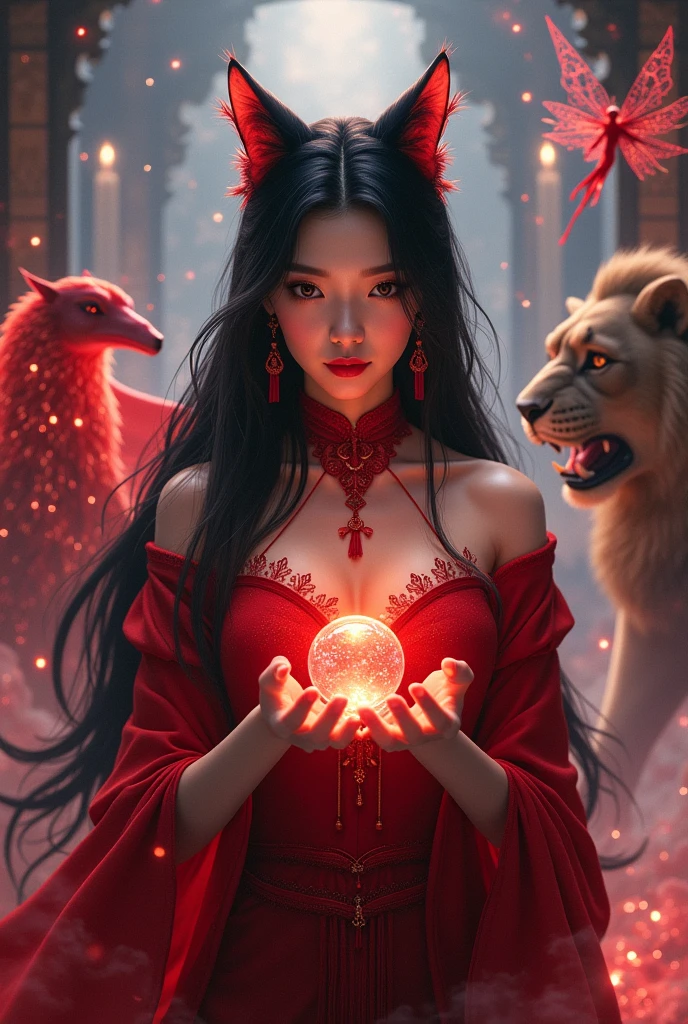 Asian Witch,black hair,Red body,cat ears,Long slender fingers,straight face,White collared shirt,Red and white tie,Realistic,Fireworks ,Holding a marble,A red fairy flies behind.,There is a griffin,There is a lion.,Magic Castle