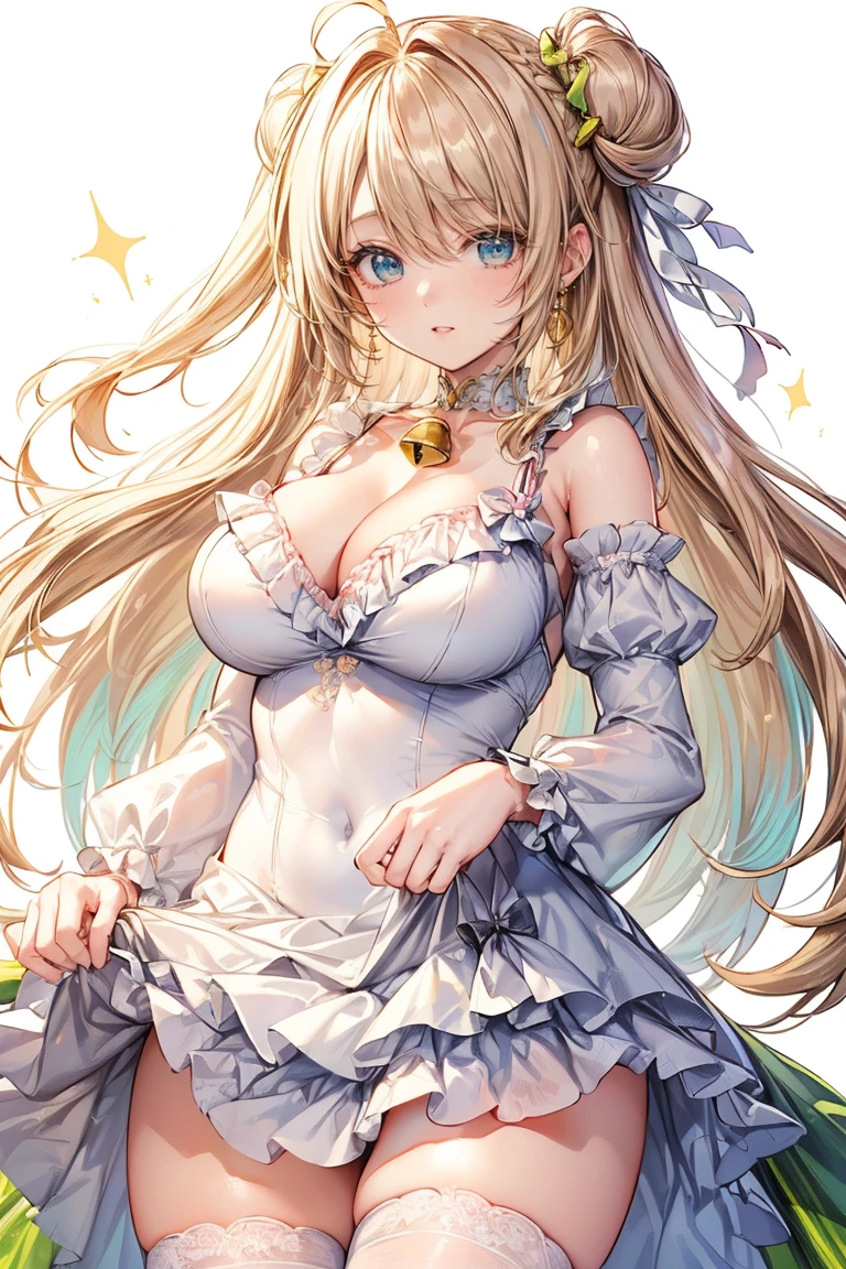 (cowboy shot: 1.5), (white background, simple background: 1.5), (masterpiece:1.5), (big breasts: 1.5), (1 girl: 1.5), young woman, (Beautiful Girl:1.5), (extremely detailed and delicate anime face and eyes:1.5), whole body, (natural light, HDR, extremely details CG:1.3), (dynamic posture: 1.3), {correct body anatomy}, (wide hips: 1.3), (perfect hands: 1.5), single focus, toned body, Beautiful Lips, thick lips, {surreal}, {correct posture}, {minutes details}, {detailed body}, {detailed clothing}, (Bright Eyes: 1.3), (cleavage: 1.3), {accessories}, {sexy}, (Floral Frock: 1.5), litlolita dress, dress, graceful, white and light turquoise clothes, (skirt with lots of frills: 1.3), (long frilled skirt: 1.5), (dress silk overlay: 1.3), frilly dress, (long lace dress: 1.5), lace, lace rims, (puff sleeves: 1.5), frills, long sleeves with ruffles, (frilled white sleeves: 1.5), embroidery, (white lace-trimmed legwear: 1.5), (white lace thighhighs: 1.3), white legwear, White stocking, pointe shoes, (choker with bell: 1.5), (bell choker: 1.3), hair accessories, (double hair bow: 1.5), hair bow, earrings, bracelets, (light smile: 1.3), (extra long hair: 1.5), (shimmer hair: 1.5), glowing hair, (two-tone hair: 1.5), (Iridescent light Blonde hair: 1.5), (light Blonde hair: 1.3), (Iridescent light pink streaks: 1.3), (permed hair: 1.5), ahoge, (half updo: 1.5), (two side up: 1.5), (sidelocks: 1.3), (hair over one eye: 1.5), (bright lime green eyes: 1.5),