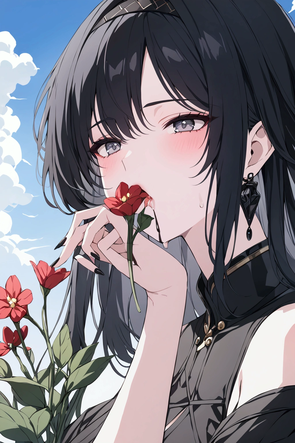 Black haired woman with sky grey eyes, drooling black ink, kissing a flower.