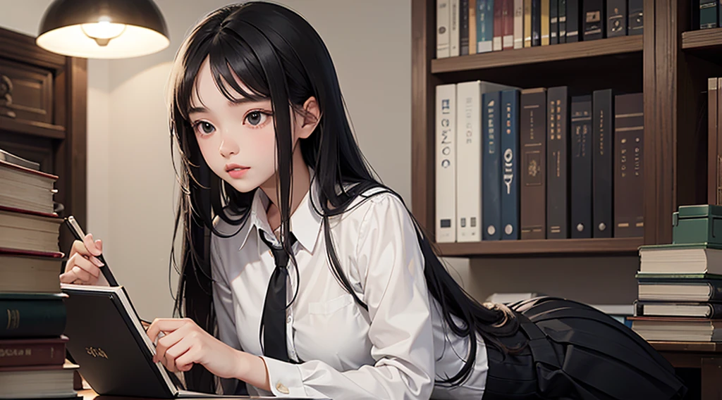 teenage girl with long straight black hair, wearing white shirt in black pleated skirt, searching a books in the library with dim lights