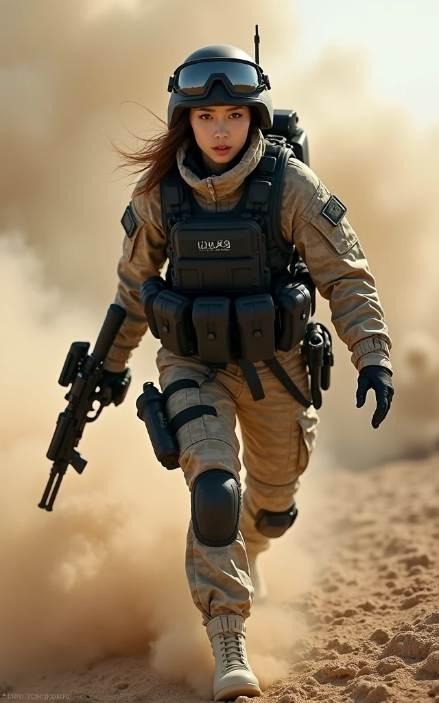 Ultra-high resolution,High-resolution details,Wearing Army Camouflage,Super sexy Korean tank soldier,Wearing a black military vest,Wearing a military helmet,Advanced and complete equipment,fully armed,Climb in(1 Korean female soldier,Super beautiful,Super fair skin,Super white face)full-body shot,panoramic,Wide-angle lens,Sand and dust flying,Smoke of war,airplane