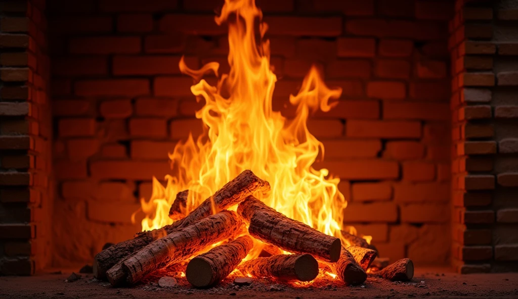 flames are burning in a fireplace with a brick wall in the background, fire place roaring, roaring fire, shutterstock, warm fireplace, beautiful fire, fire on the background, burning fire, best on adobe stock, flames of fire at background, burning fire embers, cosy fireplace, red flames in background, realistic fire sharp focus, the fire is made of binary code