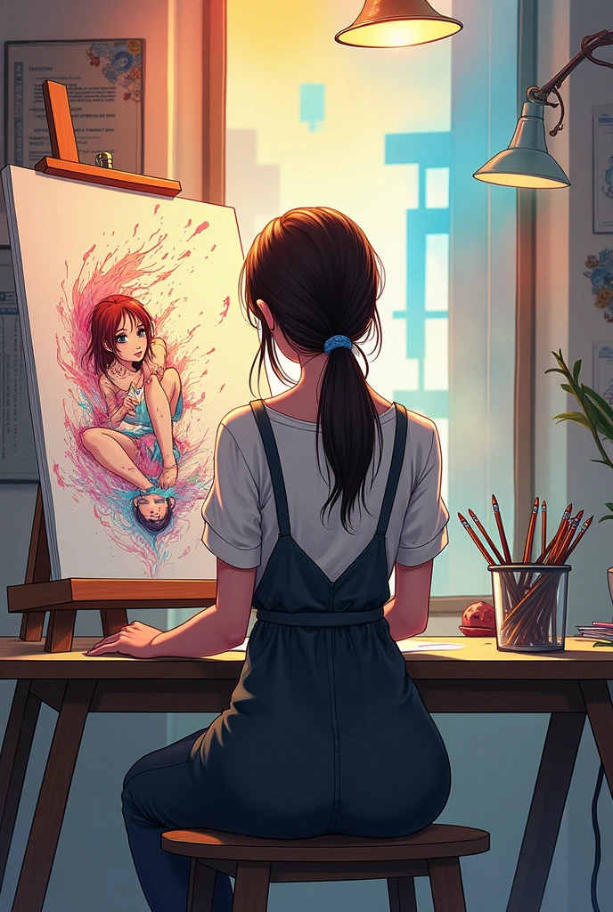 Drawing of someone drawing on a sketch stand manga artist perspective is facing back and the art she is drawing the color tries to escape the sketch slightly stil the perspective to the left