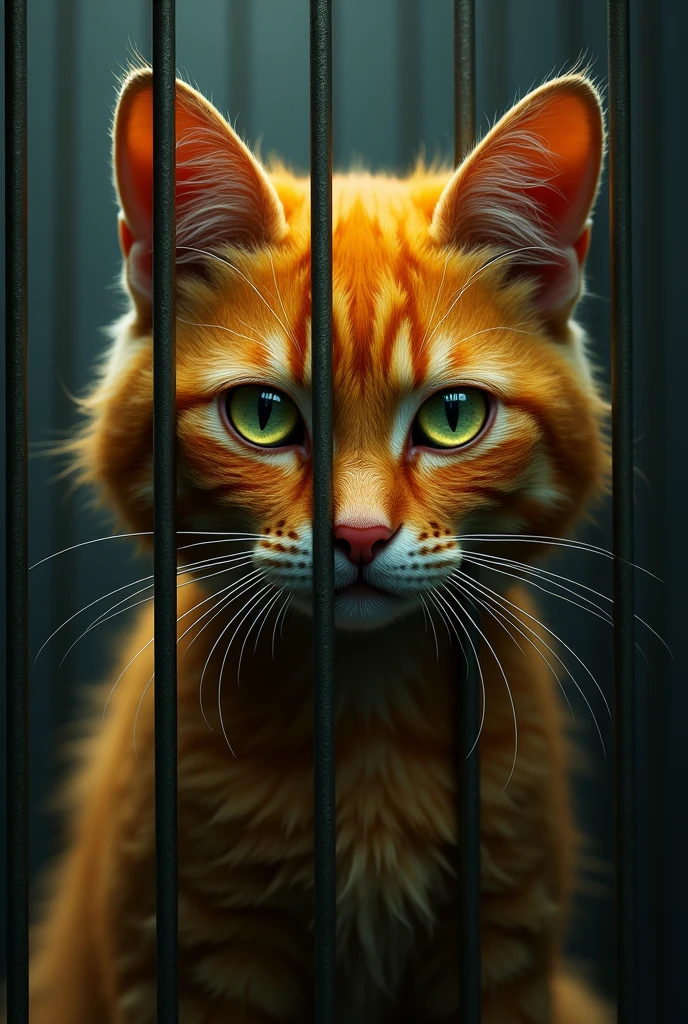*Mango Cat in Cage**: The mango cat is shown locked inside the metal cage, its large glowing eyes looking sad as it is taken away by the police.