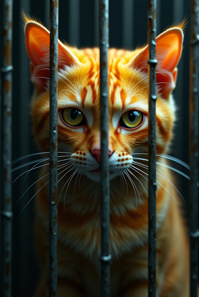 *Mango Cat in Cage**: The mango cat is shown locked inside the metal cage, its large glowing eyes looking sad as it is taken away by the police.