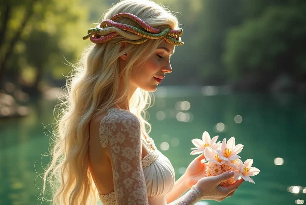 A beautiful blonde woman wearing a snake crown　Beautiful fertility goddess　In the background is a forest and lake with sunlight streaming in.　Crystal skin　Dressed like Aphrodite　Smiling with closed eyes　The flowers and water are scooped up and the water sparkles.