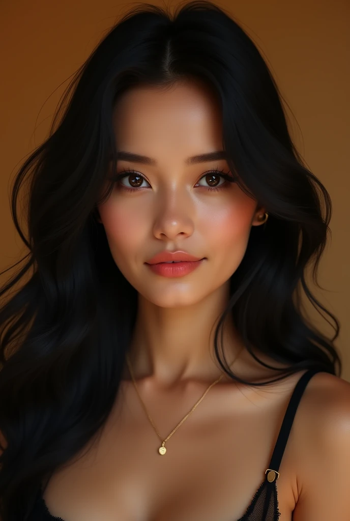 30 year lady, chest shot, black eyes, black hair, warm background, smirk